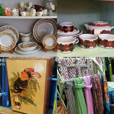 Valokuvakollaasi neljästä eri kuvasta, jotka laitettu neliöiksi kahteen riviin: ylävasemmalla vateja ja lautasia, yläoikealla mukeja ja pannu, alhaalla vasemmalla koristetaulu ja oikealla alhaalla vaatteita.