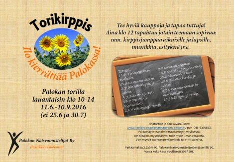 Tietoa Torikirppiksestä (Palokan torilla lauantaisin kello 10-14, muttei 25.6. eikä 30.7.).