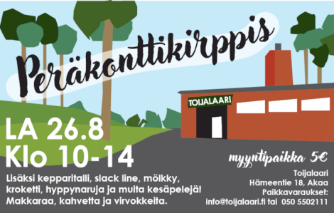 Peräkonttikirppis lauantaina 26.8. klo 10-14. Lisäksi kepparitalli, slack line, mölkky, kroketti, hyppynaruja ja muita kesäpelejä! Makkaraa, kahvetta ja virvokkeita. Myyntipaikka 5€.