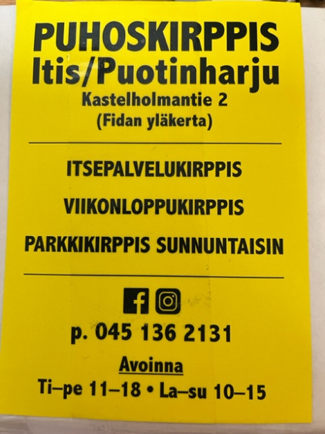 Puhoskirppis Itis/Puotinharju, Kastelholmantie 2 (Fidan yläkerta). Itsepalvelukirppis, viikonloppukirppis, parkkikirppis sunnuntaisin.